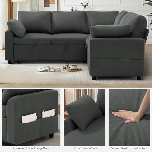Image of 87 inch Fabric Sectional Sofa w /Pull Out Bed & Storage Space, Grey
