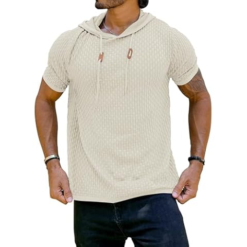 Zaitun Men's Short Sleeve Hoodie Shirt Casual Waffle Knitted Pullover Sweater Khaki Cover