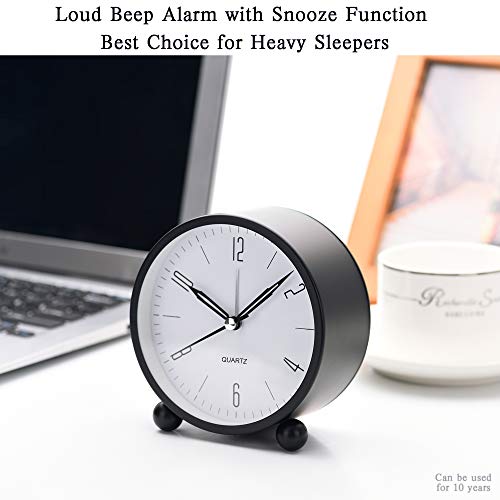 Image of Alarm Clock Bedside Non Ticking Analog Table Clocks 4 Inch Round Battery Operated, Easy Set and Night Light Function, Simple Stylish Design for Desk /Bedroom Gift Clock, Plastic, Black