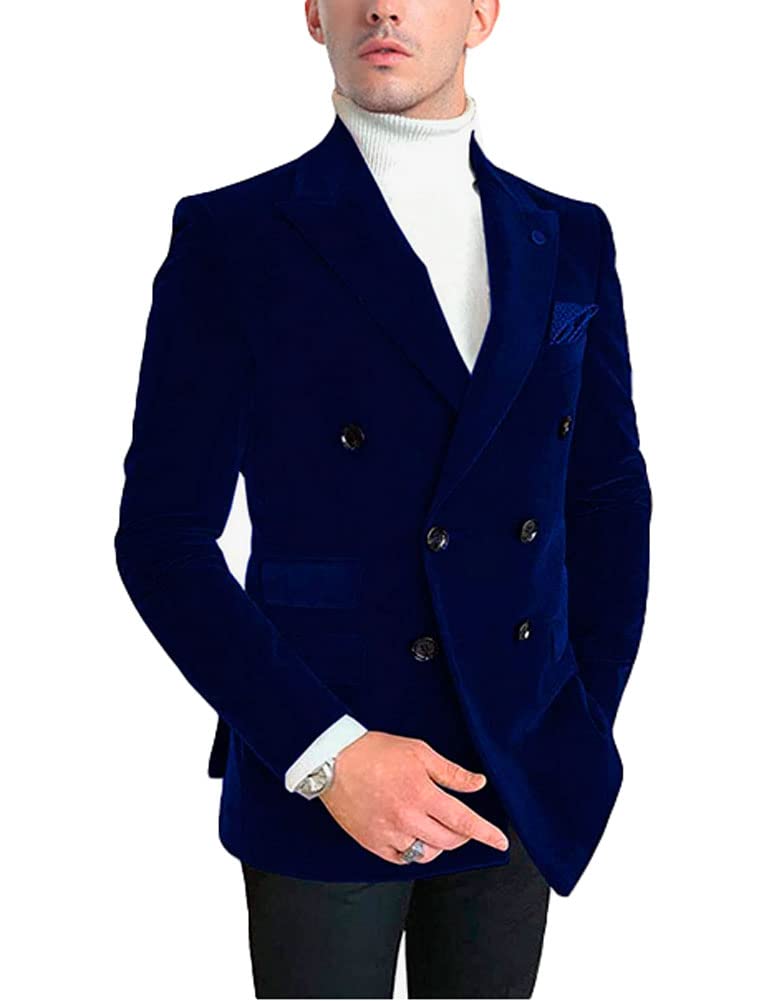 Botong Men's Royal Blue Double Breasted Velvet Blazer Notch Lapel Tuxedos Jacket Wedding Party Coat Casual Wear 50/44