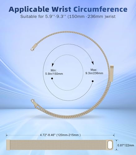 Image of 22mm Metal Watch Band, Mesh Stainless Steel Replacement Strap Clasp Wristband, Champagne Gold