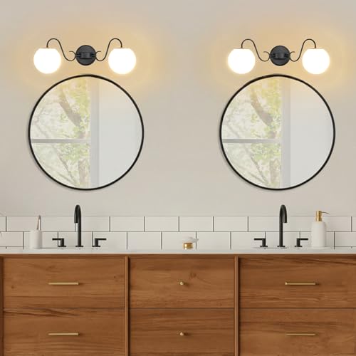 Image of Vintage Matte Black Bathroom Vanity Light Fixtures Over Mirror 2 Lights