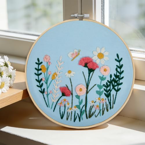 Image of Flower Embroidery Kits for Beginners Adults, Hand DIY Embroidery Art Kits, Floral Stamped Cross Stitch Kits for Beginner Adults Craft Kits for Women, Entire Set of Embroidery Supplies & Video Tutorial