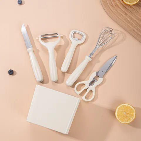 Elvana Kitchen Gadgets Set, 5 Pieces Kitchen Utensils Set with Holder, Paring Knife, Whisk, Bottle Opener, Peeler, Scissors | Home Kitchen Gadgets (White) offers donot miss