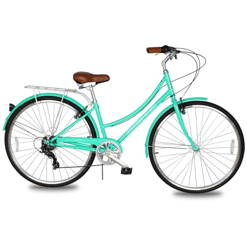 MICARGI ROASCA 700C City Bike 7 Speed V-Brake Commuter Adults Bicycle with Luggage Carrier (Celeste Green)