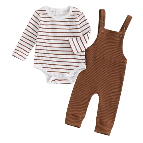 VISGOGO Newborn Baby Boy Clothes 0 3 6 12 18 Month Infant Boy Overalls Outfits Bodysuit Fall/Winter Stripe Romper Pants
