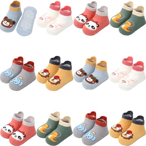 Image of Aroveea Non Slip Grip Ankle Baby Socks 12 Pack for Toddler Boys and Girls Kids,Infant Cute Cotton Baby Socks
