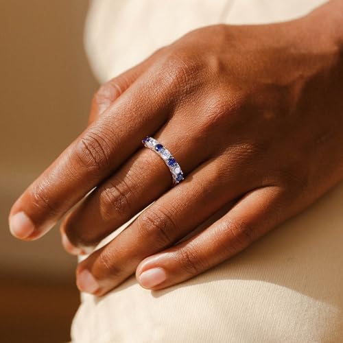 DAYBYDAY 925 Sterling Silver Birthstone Rings for Women White Sapphire Created Gemstone Wedding Band Stackable Half Eternity 7 Stone Anniversary Ring Wife Mom Grandma Birthday Jewelry Size 6-103