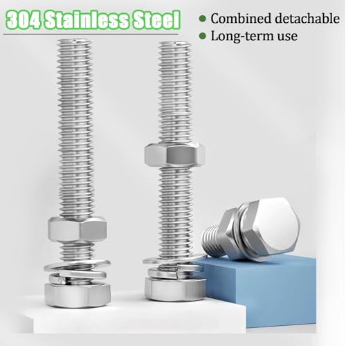 Image of 5 Sets 3 /8-16 x 2-1 /2 inch Stainless Steel Hex Head Screws Bolts, Nuts, Flat & Lock Washers,18-8(304) Full Thread