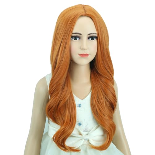 Image of Ginger Wig for Kids Girls Long Ginger Orange Wavy Curly Wig Child Long Orange Part Wigs Heat Resistant Synthetic Wigs with Hairnet