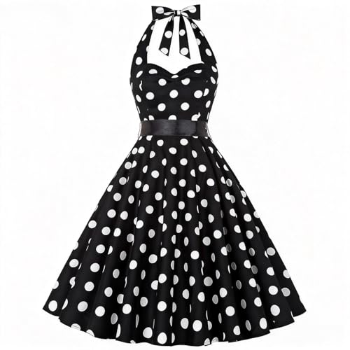 HAPNBCELE Vintage Dress 1950s for Women, Tea Party Halter Polka Dots Dresses Picnics Summer Vacation Beach Outfits Slim Fit (Medium, Black)