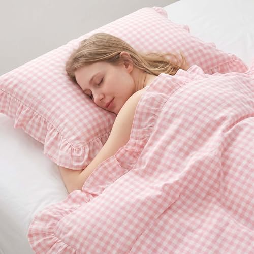 Image of Nayoroom Gingham Duvet Cover Queen Size Pink Ruffle Plaid Checkered Duvet Cover 3 Pieces Soft Washed Microfiber Vintage Farmhouse Dorm Bedding Set Gifts for Women Men