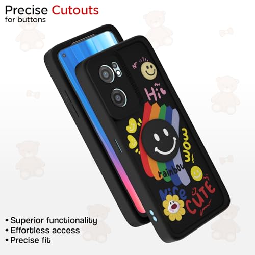 Image of Pikkme Back Cover for OnePlus Nord Ce 2 5G | Soft Silicone| Cute Rainbow Smile & 3D Cartoon Flower Design | Shockproof Raised Camera Protection Bumper Case (Black)