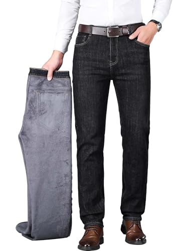 Fleece Lined Jeans for Men Stretch Winter Thermal Pants Business Casual Straight