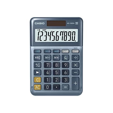 CASIO MS-100EM Desktop Calculator 10 Digit Currency Conversion Cost/Sell/Margin, Aluminium Front, Solar/Battery Operated, blue Cover