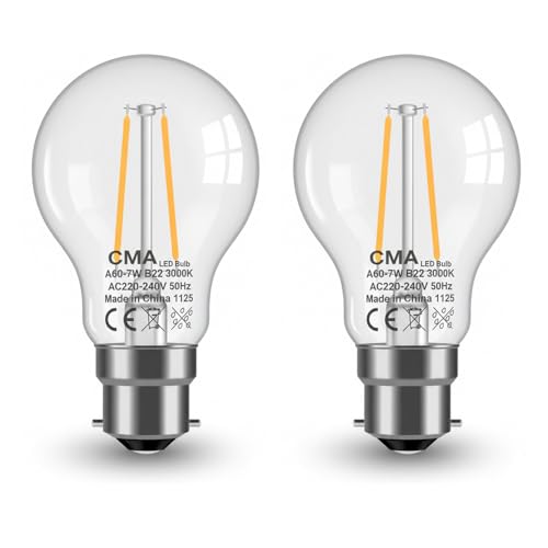 CMA-LED Filament Light Bulb, B22 Base, 7W, 3000K Warm White, Pack of 2 (Warm)