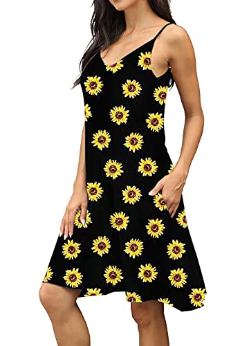 Image of Women's Summer Spaghetti Strap Casual Swing Tank Beach Cover Up Dress with Pockets