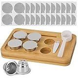 Reusable Capsules for Nespresso OriginalLine - 6pcs Espresso Refillable Pods Stainless Steel Coffee Pods Compatible for Nespresso Originaline Machine(6 Pods+100pcs Lids+ Bamboo Storage Tray)