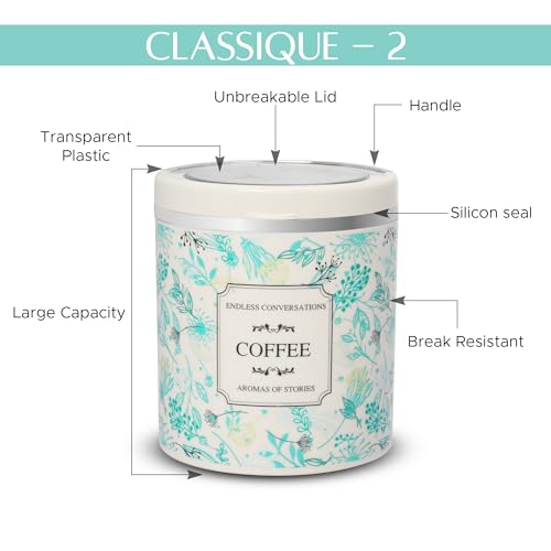 Image of Jaypee Plus Classique 2 Tea Coffee Sugar Storage Container Set 750 ml Airtight Plastic canisters Tea containers for kitchen | Silicon rubber lock Stackable glossy finish transparent Lid, Green
