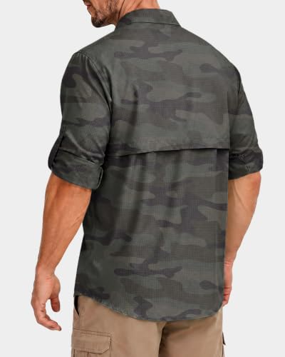 Men's Sun Protection Fishing Shirt UPF 50+ Long Sleeve Safari Hiking Travel Shirts with Pockets Quick Dry(Green Camo Medium) — view 3
