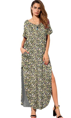 Image of GRECERELLE Women's Summer Maxi Dress Casual Loose V Neck Short Sleeve Side Split Long Dresses with Functional Pockets