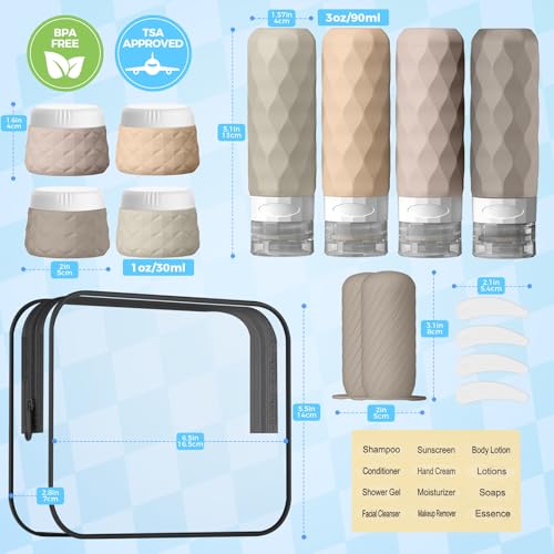 16Pack Travel Bottles for Toiletries, TSA Approved Travel Size Toiletries Containers Set, Silicone Leak Proof Refillable Bottles Elastic Sleeves Creams Jars Accessories Kit W/Clear Bag - Image 3