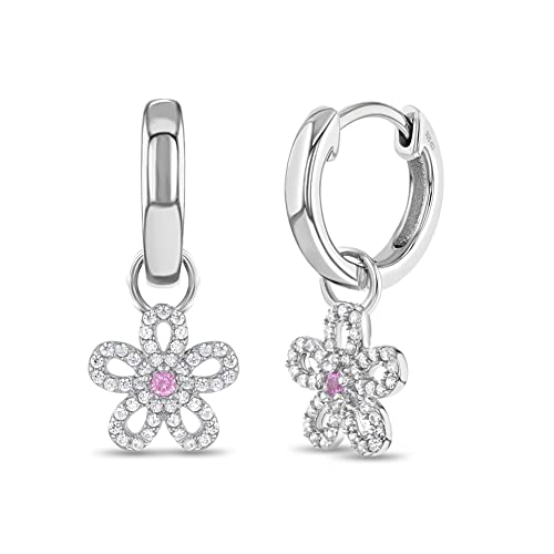925 Sterling Silver Pink & Clear Cubic Zirconia Encrusted Flower Dangle Hoop Earrings for Young Girls 12mm - Formal Floral Hoop Earrings For Girls - CZ Dangle Hoops For Little Girls