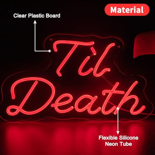 Image of Til Death Wedding Neon Sign, USB Powered Neon Signs with Dimmer and Sticky Hook, Hanging LED Light Sign Valentines Day Decorations, Home Decor for Bedroom Party Wall 16.93 x 11.42 inch