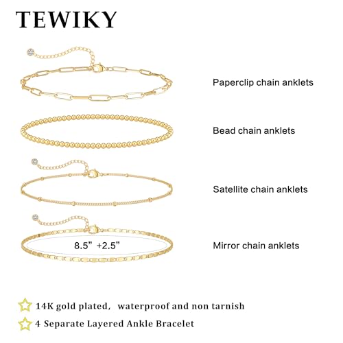 Image of Tewiky Waterproof Ankle Bracelets for Women, 14K Real Gold Plated Anklets for Women 6PCS Anklet Set Dainty Summer Beach Jewelry