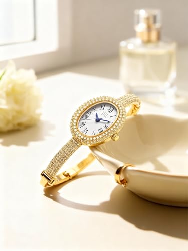 Image of TAKSH Jewels Elliora Luxe | Diamond-Encrusted Gold Bangle Watch | Roman Numeral Oval Dial