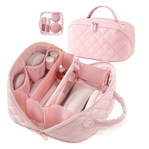 SZMDLX Waterproof Makeup Bag & Makeup Organizer for Women - Travel Toiletry Bag 180 Lay-Flat Large Cosmetic Case Puffy Padded Travel Organizer for Brushes & Cosmetics Valentine Gifts (Pink)