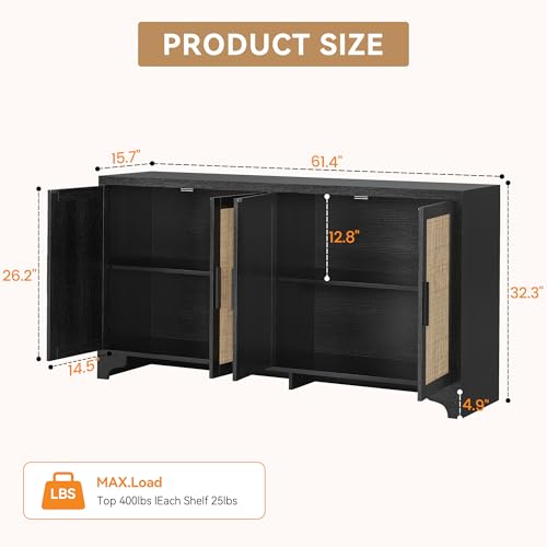 GarveeHome 4-Door Sideboard Buffet Cabinet, Natural Rattan Storage Cabinet, Boho Entryway Console Table, Coffee Bar Station for Dinning Room, Living Room, Kitchen, Black