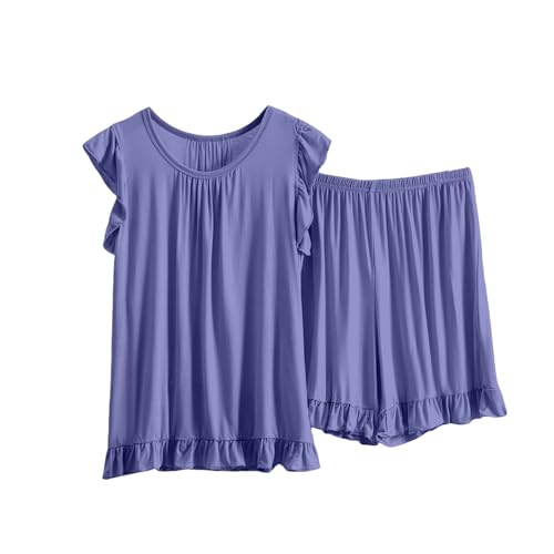 Conjunto de pijama de verano para mujer, camiseta sin mangas con ribete de encaje y pantalones cortos con cordón, modal suave, ropa de descanso de 2 piezas para el hogar y dormir, azul marino, 3XL