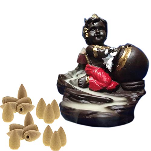 Image of Cute Laddu Gopal Smoke Fountain Backflow Cone Decorative Incense Holder (Multicolour) with 20 Back Flow Cones