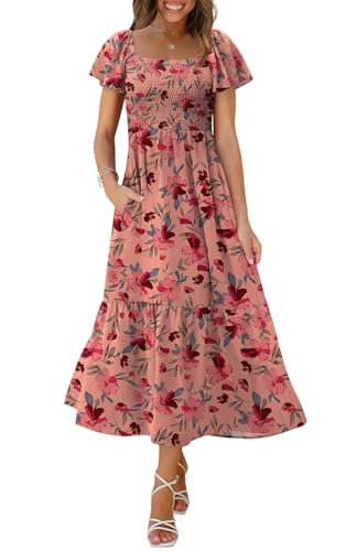 Image of OFEEFAN Summer Dresses for Women Square Neck Ruffle Sleeve Smocked Maxi Dress with Pockets