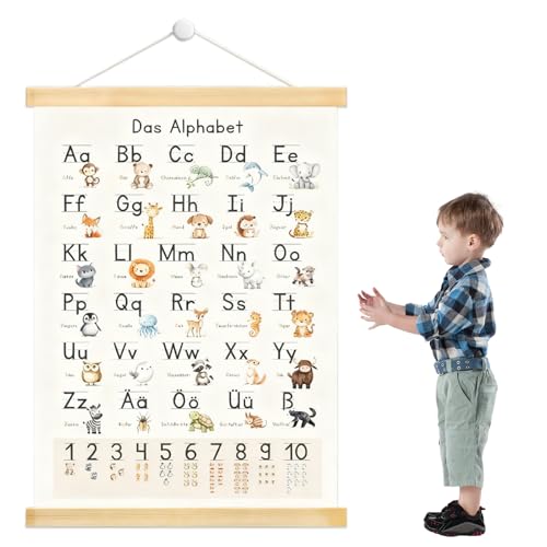 Zovator ABC Póster para niños de 30 x 40 cm, póster educativo con alfabeto y números de rollo de madera, para habitación infantil, guardería, preescolar y escuela primaria