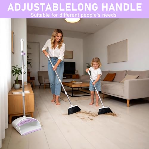 Image of Broom with Dustpan Combo Set for Home, 52-in Long Adjustable Handle Angle Broom and Dustpan Set with Dustpan Comb Teeth for Sweeping Pet Hair Food Dirt Kitchen (White-Purple)