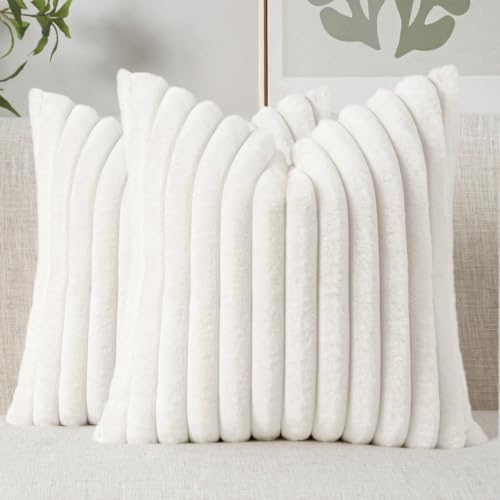 Image of MIULEE Faux Fur Decorative Throw Pillow Covers 16x16 Set of 2 White | Modern Spring Home Decor Soft Plush Couch Pillows Cozy Fluffy Cushion Covers for Sofa Bed Living Room