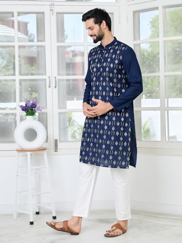 Image of See Designs Men's Full Sleeve Mandarin Collar Ethnic Motifs Embroidered Sequinned Mandarin Collar Straight Long Kurta with Pyjama - Festive Collection