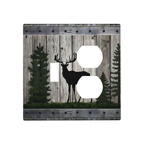 Decorative Outlet Covers Rustic Deer Elk Forest Grey Wood Board 2 Gang Wall Plate Cover Single Toggle Duplex Combo Two Switch Light Switch Cover Plate Jumbo Faceplate