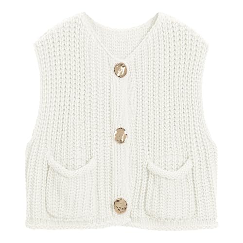 Image of Hixiaohe Womens Crochet Chunky Knit Top Sleeveless Button Down Crop Tops Trendy Cardigan Sweater Vest for Women with Pockets