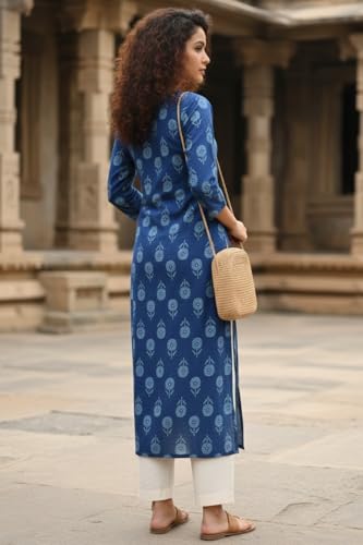 Image of Rajnandini Women's Cotton Jaipuri Printed Kurti (JOPLJPR146A-P Blue P)