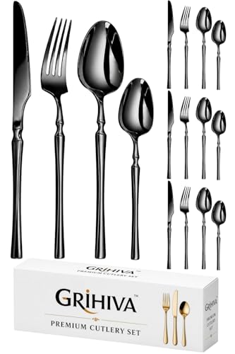 Image of 16 Pcs Black Slim Handle Stainless Steel Cutlery Set for Dining Table with Spoons and Forks Set + Butterknives - The Perfect Tableware /Flatware
