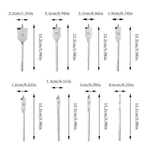 8tlg. Flachfräsbohrer Set, 150mm Fräsbohrer Holz Lang, Spatenbohrer Set, Kohlenstoffstahl Flachholzbohrer, 1/4 Sechskantschaft, Flache Bit