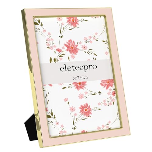Image of eletecpro 5x7 Enamel Picture Frame Set of 2 with Real Glass Cover, Cute Photo Frame with Gold Metal Edge, Horizontal and Vertical Display Pictures 5 by 7 for Tabletop and Wall Decor, Pink