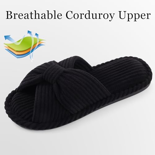 Image of Evshine Summer House Slippers for Women Corduroy Cross Bow Indoor Slippers Open Toe Slip On Bedroom Shoes with Memory Foam