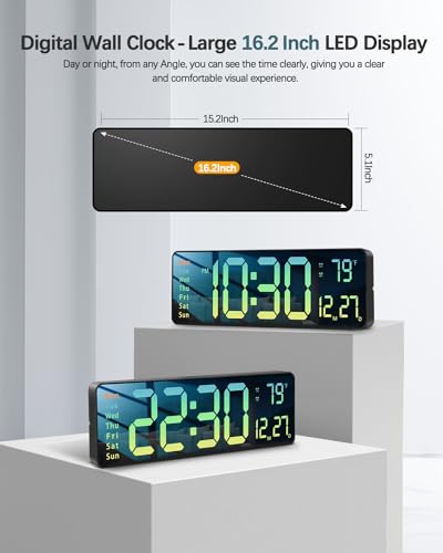 Image of Modern 16 inch Large Digital Wall Clock with Remote Control, LED Display, Auto-Dimming, Countdown, Temperature, Calendar - 12 /24Hr Format - Silent Wall Clock for Home, Office (Gradient Green)