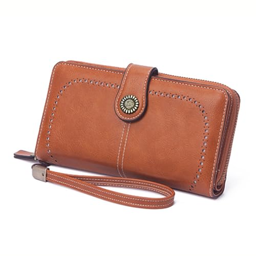 Image of Women Leather Wallet Crossbody Shoulder Bag with Double Zipper and Mobile Phone Purse with Shoulder Strap