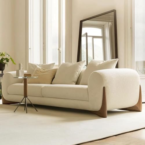 Image of Modern Sofa Chesterfield Design with Stylish Wooden Legs Bouncy Teddy Fabric Off-White Finish Sofa for Living Room, Bedroom, Hallways (3+1+Ottoman, Off-White)