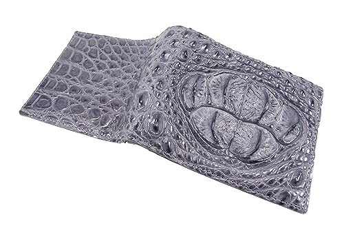 Genuine Crocodile Alligator Head Bump Skin Leather Soft & Slim Bifold Wallet (6 Card Slots + 2 ID Windows + 2 Compartments for Bills, Traffic Grey)4